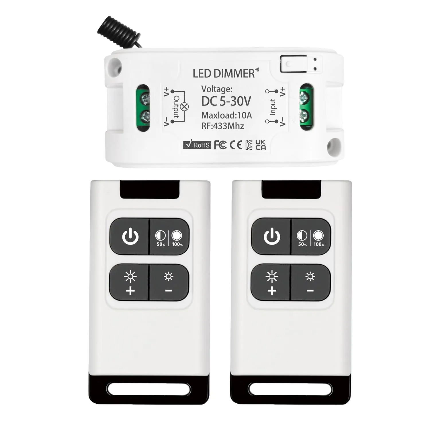 DieseRC RF dimmer DC 5–30 V 10 A, 2 távirányítóval