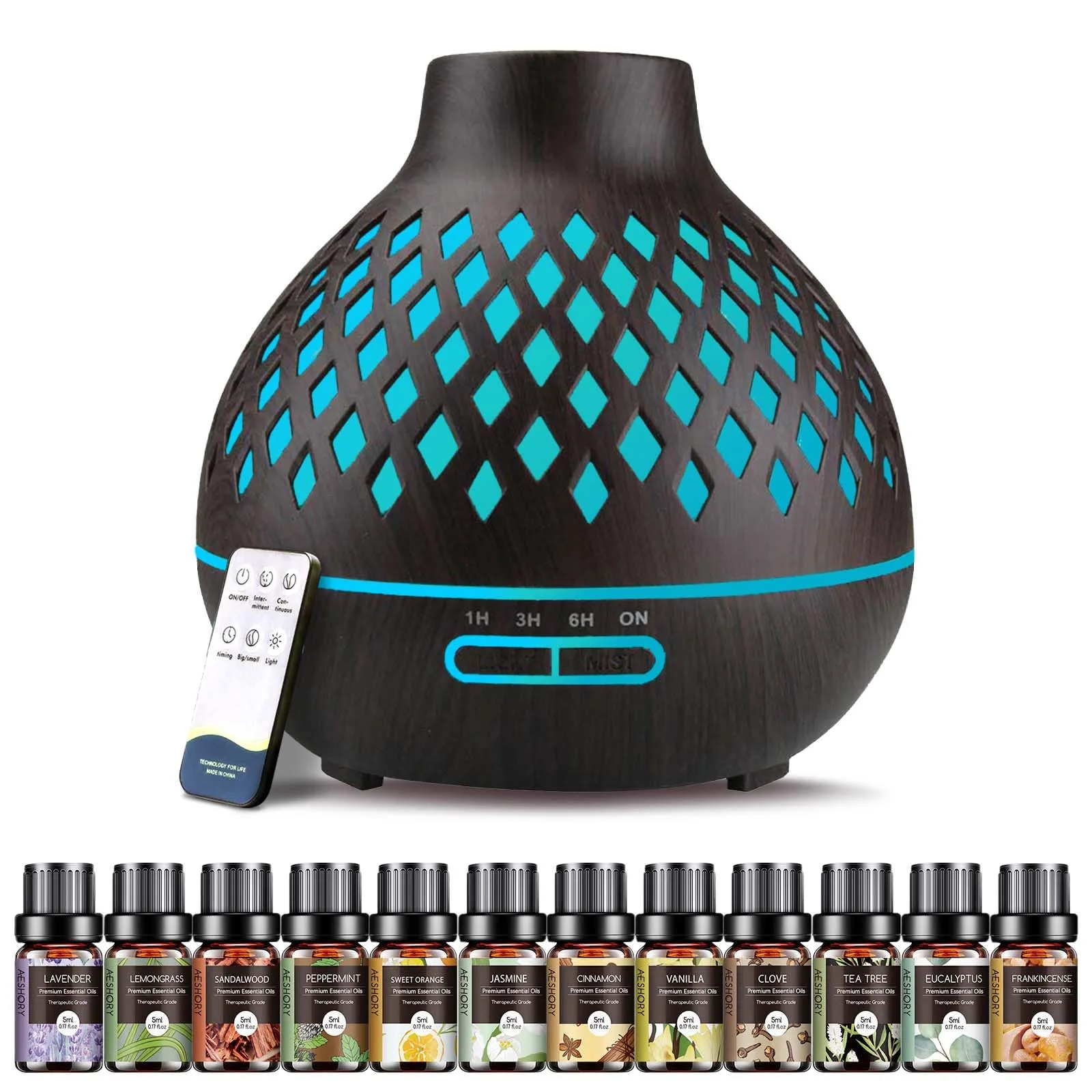 Aromadifúzor Aeshory 550 ml fekete + 12×5 ml illóolajok