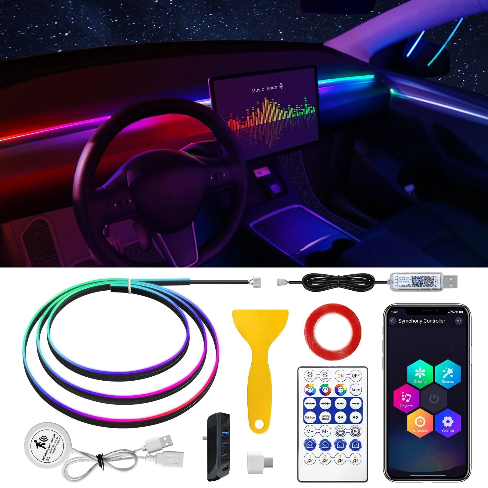 Ambient LED világítás autóhoz TWETIZ RGB 12V/18V, 1 alkalmazással