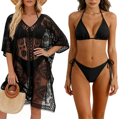 Fekete csipkés fedőrésszel ellátott bikini, 3 részes, S méret CHMMY