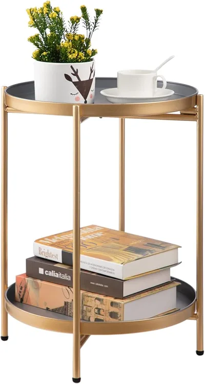 HollyHOME fém asztal szürke‑arany, átmérő 37 cm, magasság 48,5 cm spLc46mIl22