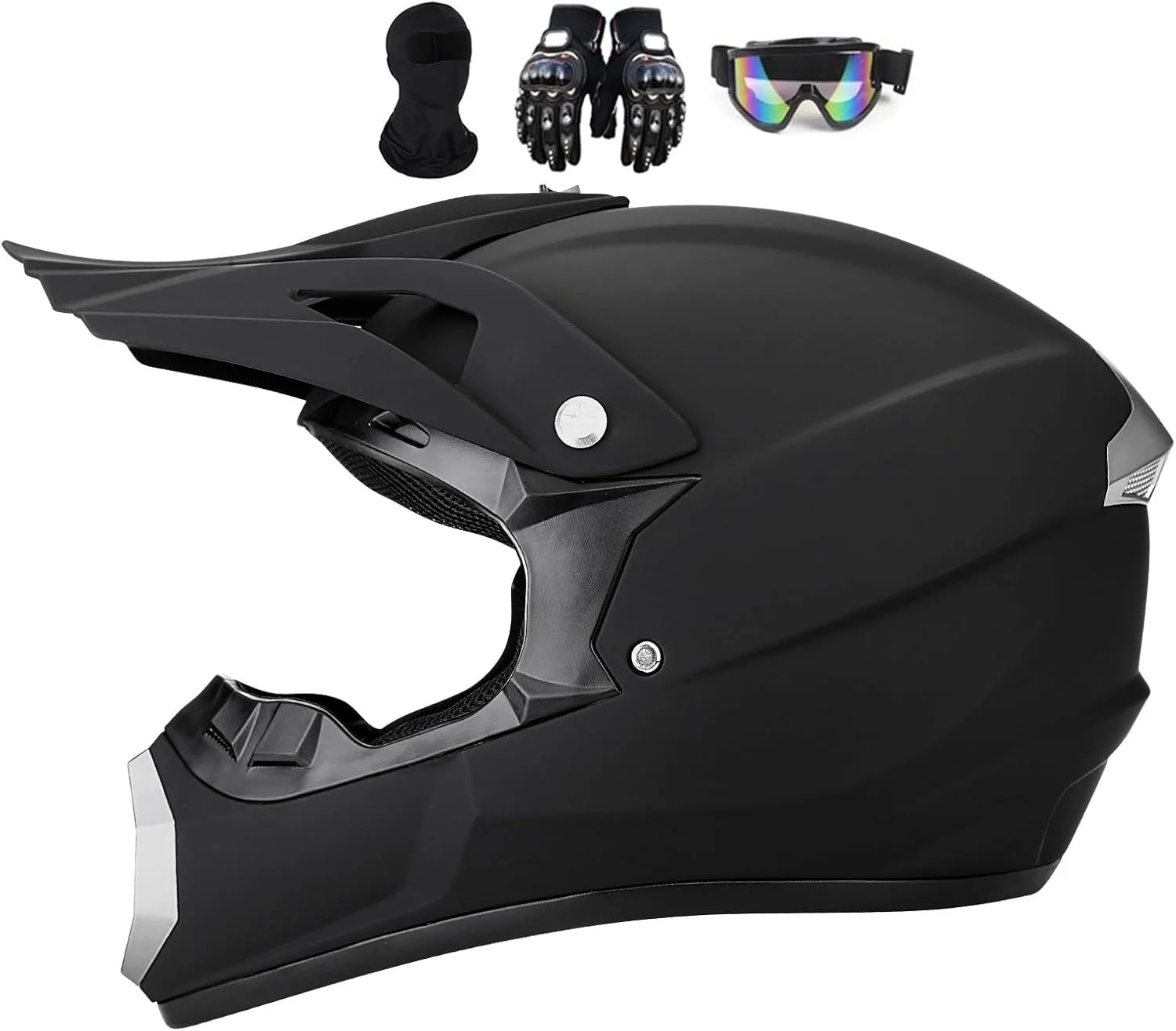 Motokross sisak L 56–57 cm fekete + szemüveg, kesztyűk, balaklava