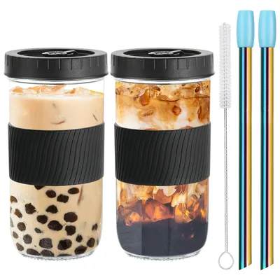 Üvegpoharak bubble tea RHtvrll, 710 ml, 2 db fedővel és szívószálakkal