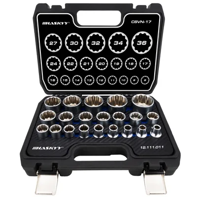 HASKYY 1/2″ 8–36 mm-es többszögű dugókulcs-fejek készlete, 21 darabos, tartóval