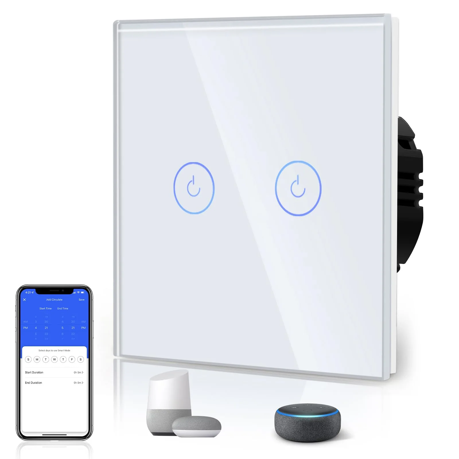 BSEED érintéses WiFi kapcsoló, 2‑csatornás, 1‑út, N vezetővel, fehér