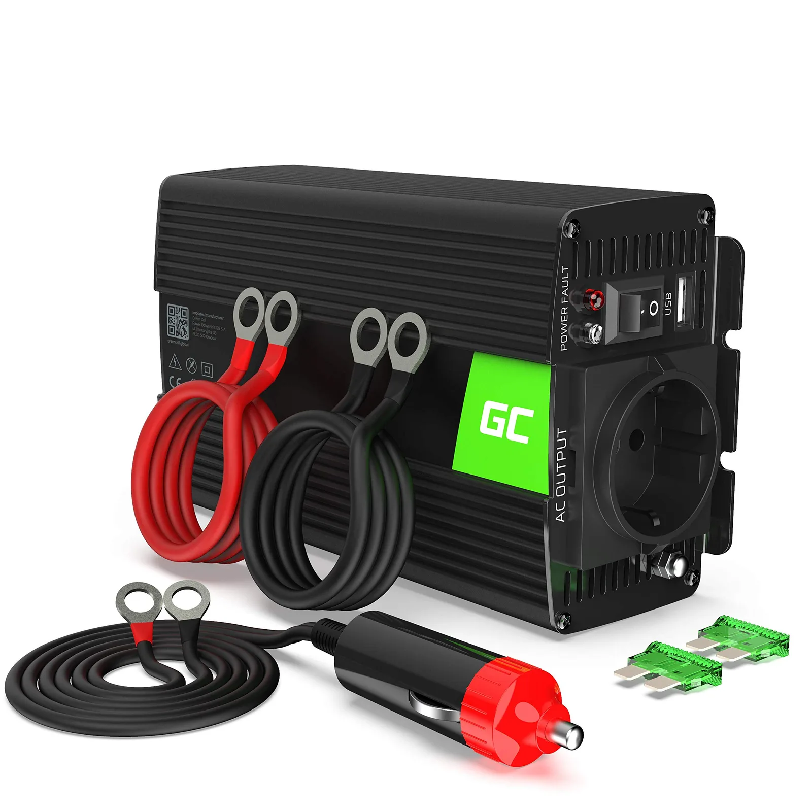 Green Cell INV02DE inverter 24VDC→230VAC 50Hz 300W/600W módosított szinuszos AC+USB
