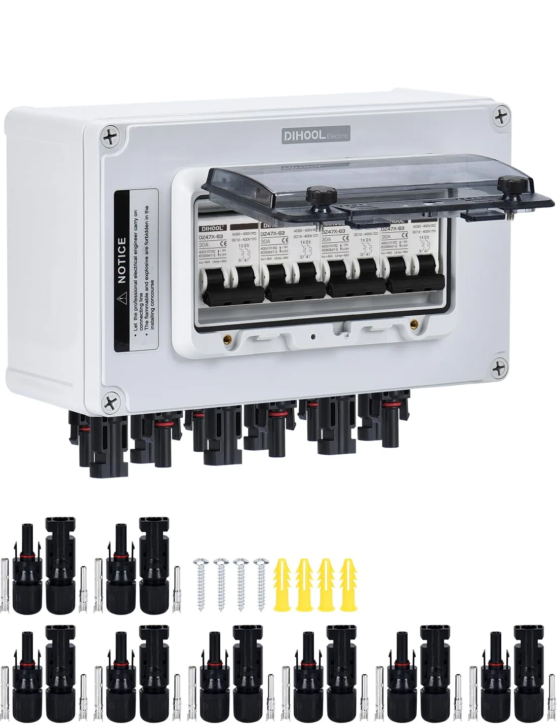 DC szigetelő megszakító DIHOOL DHO-AGPM-2S-30A 2P 12–400V IP67, 2 bemenet és 2 kimenet