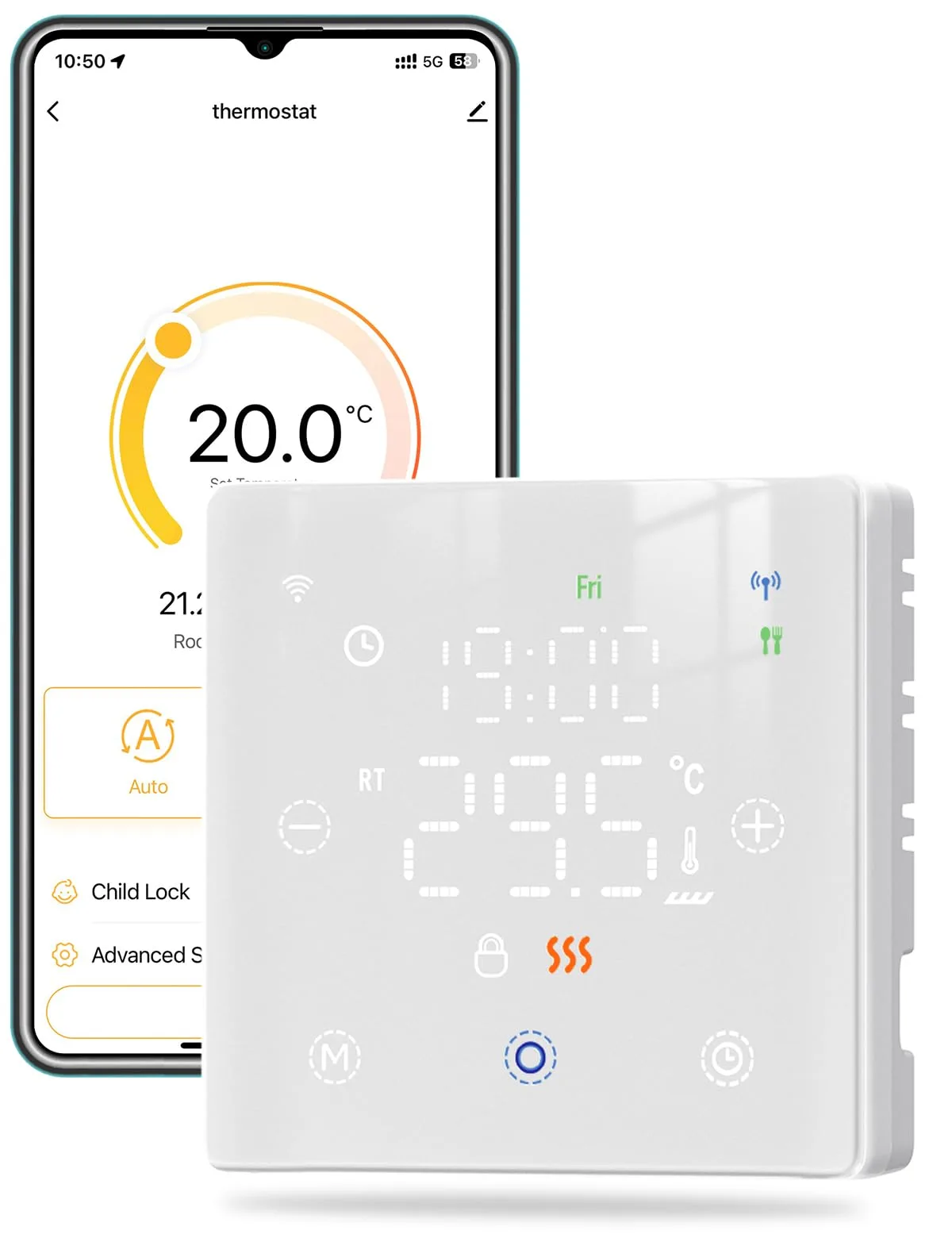 MOES ZigBee szobatermosztát gázkazánhoz, fehér